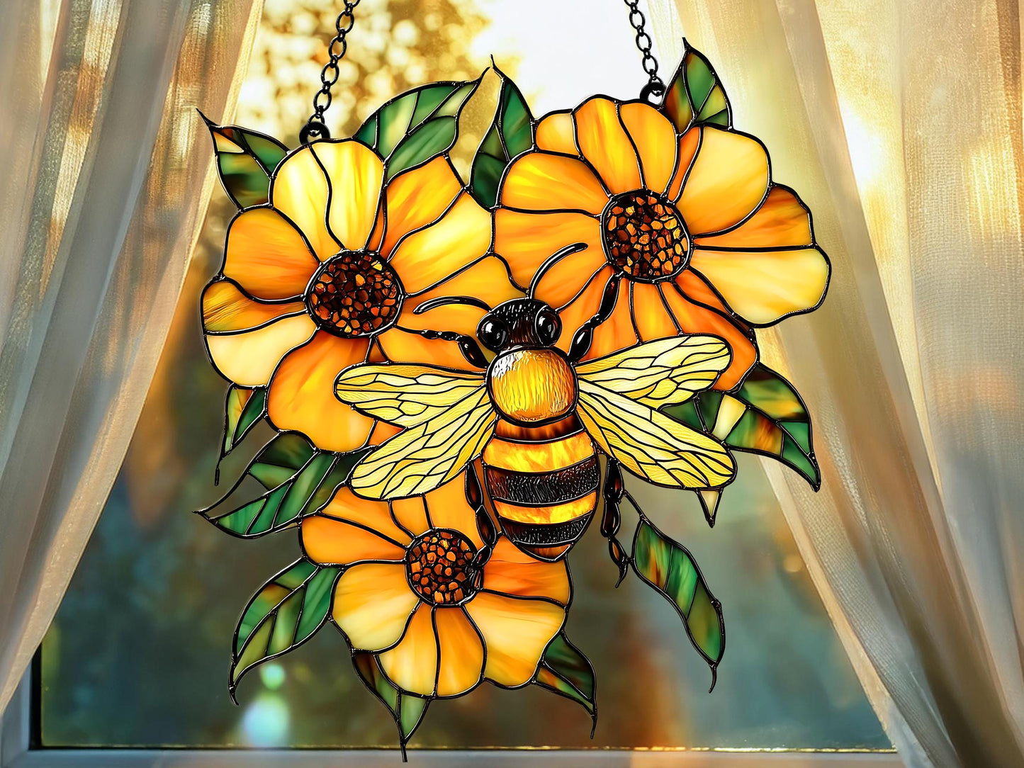 Honey Bee With Flowers Acrylic Window Hanging
