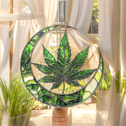 Moon and Leaf Stained Glass Suncatcher