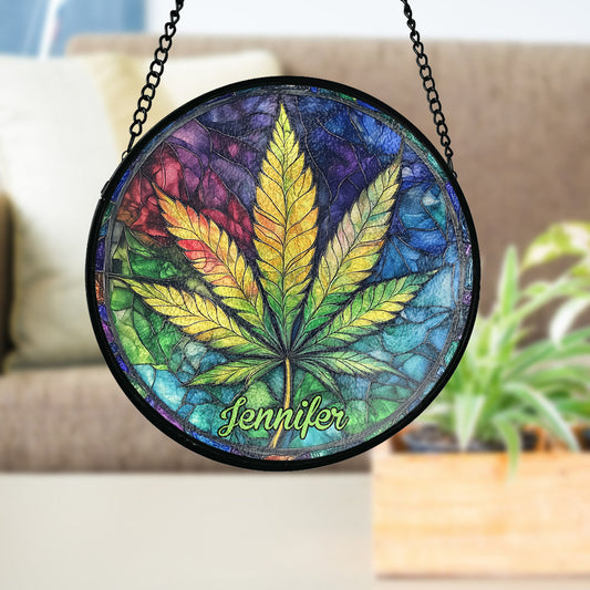 Colorful Canabis - Personalized Weed Stained Glass Suncatcher