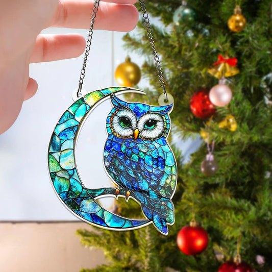 Owl on Moon Hanging Acrylic Decor - Owl Window Hanging Suncatcher Ornament