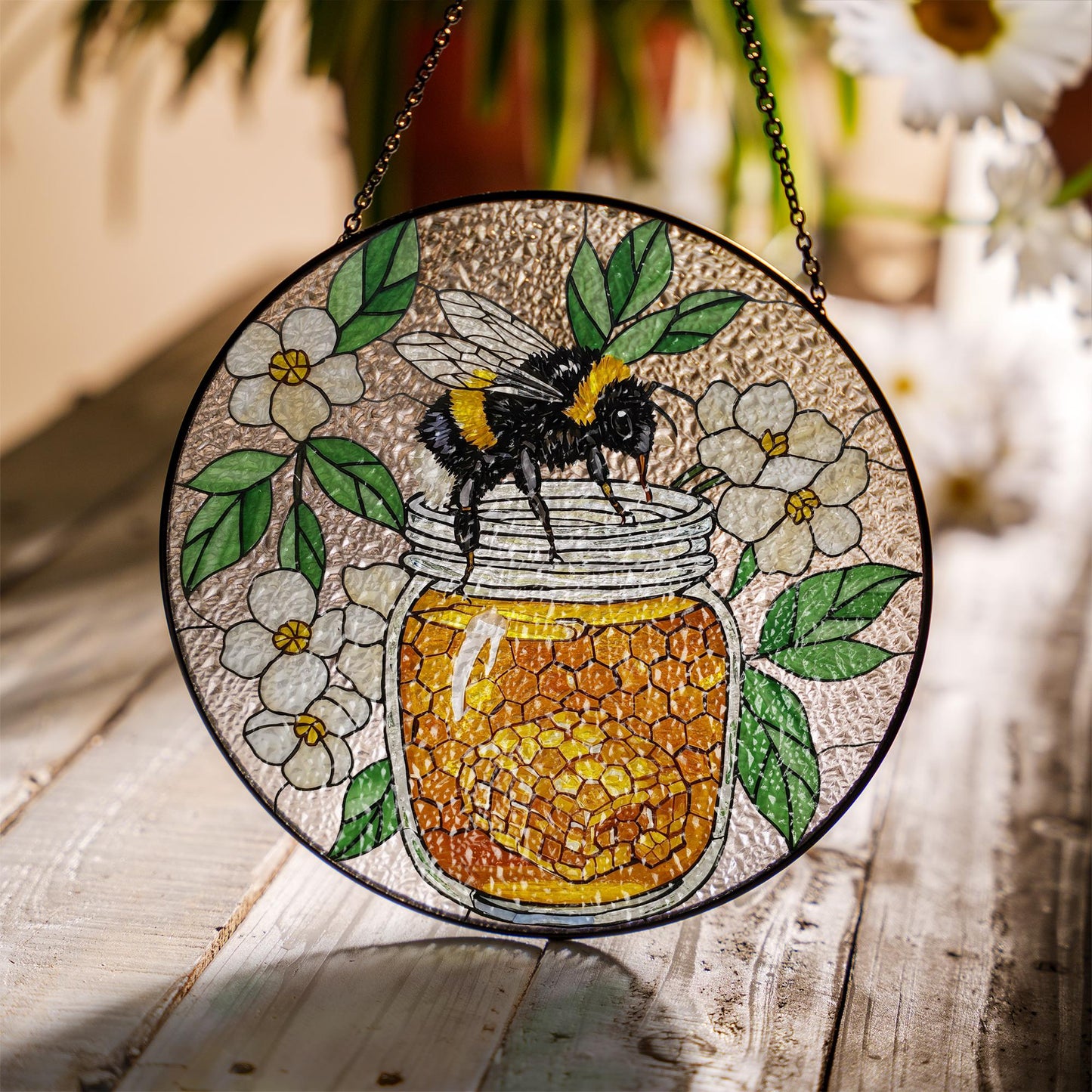 Bee and Honey Stainglass - Window Hanging Suncatcher