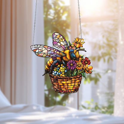 Bee and Flower Basket Acrylic Window Hanging