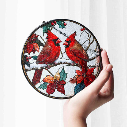Couple Red Cardinal Stained Glass Suncatcher