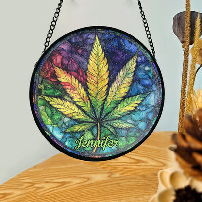 Colorful Canabis - Personalized Weed Stained Glass Suncatcher