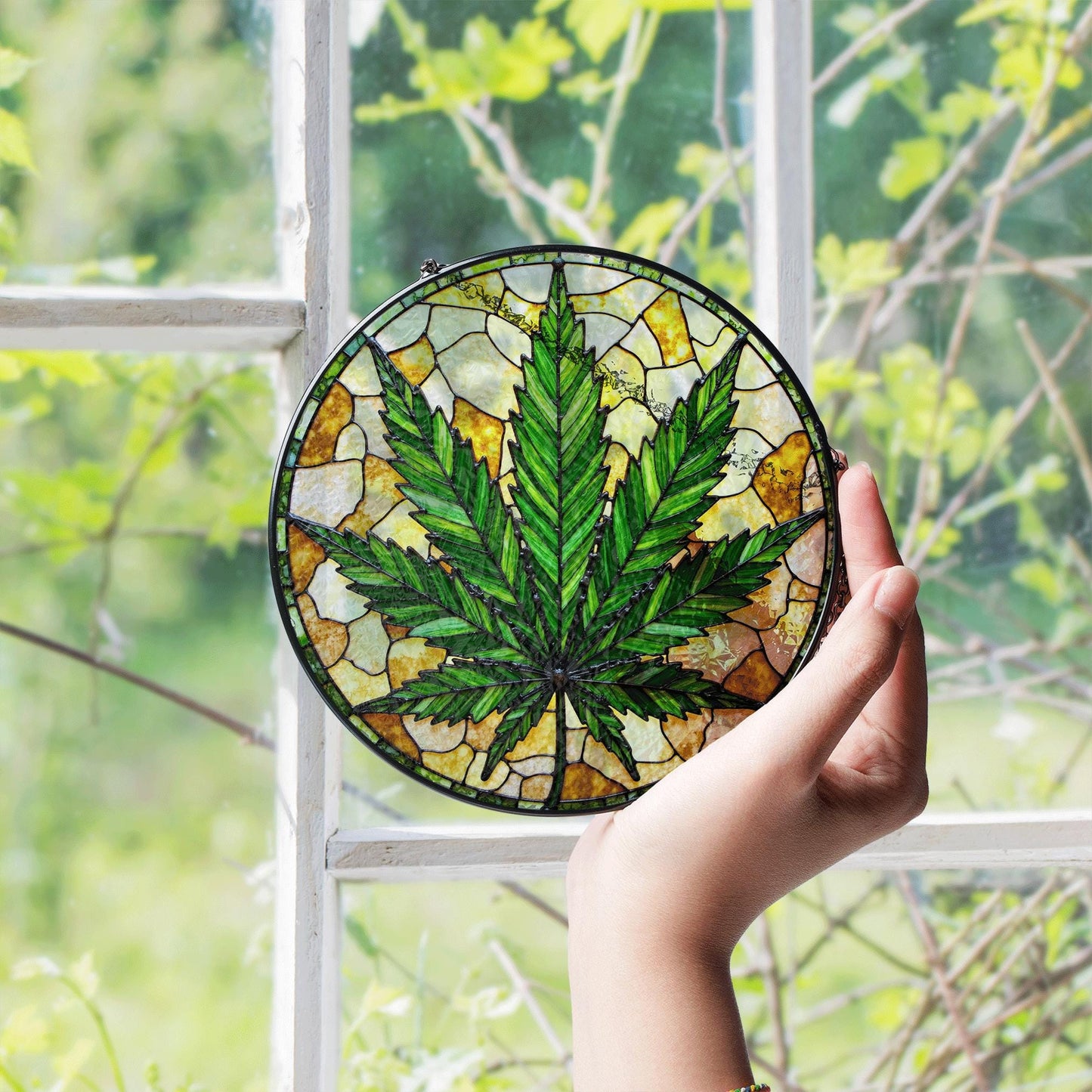 Weed Leaf Stained Glass Suncatcher
