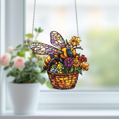 Bee and Flower Basket Acrylic Window Hanging