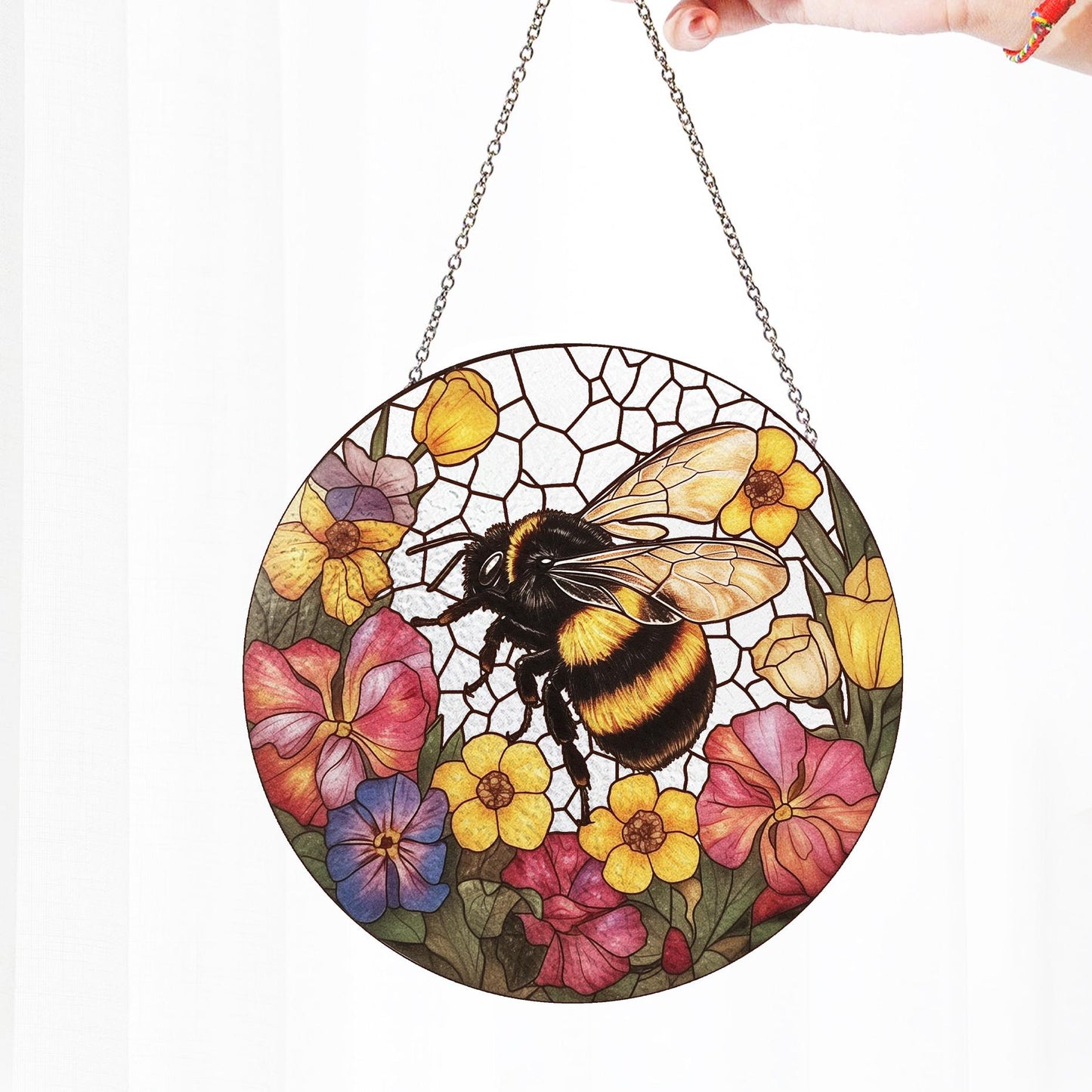 Bee and Flower Stain Glass - Window Hanging Suncatcher