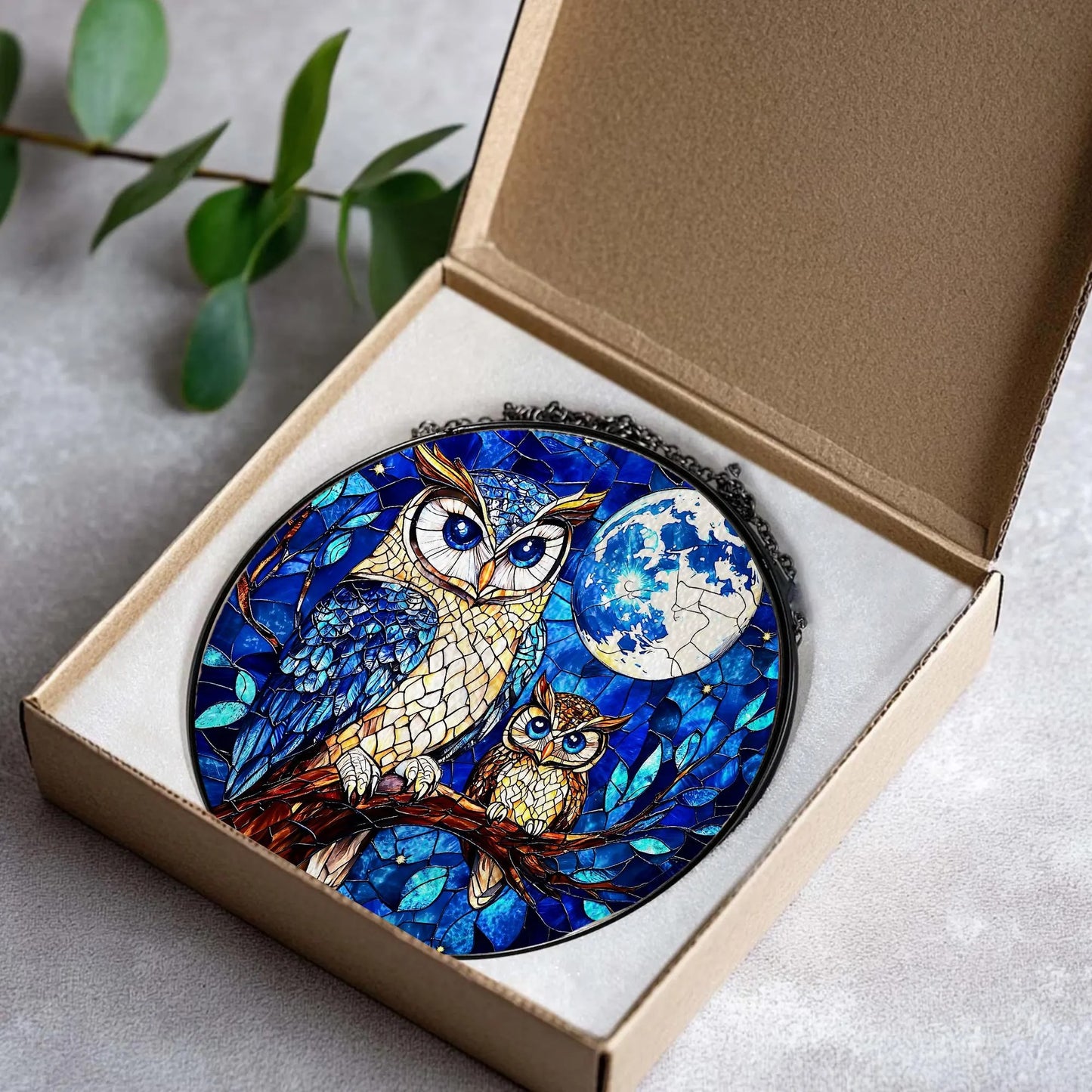 Owl Moon Stained Glass Suncatcher  - Owl Window Hanging Suncatcher Ornament