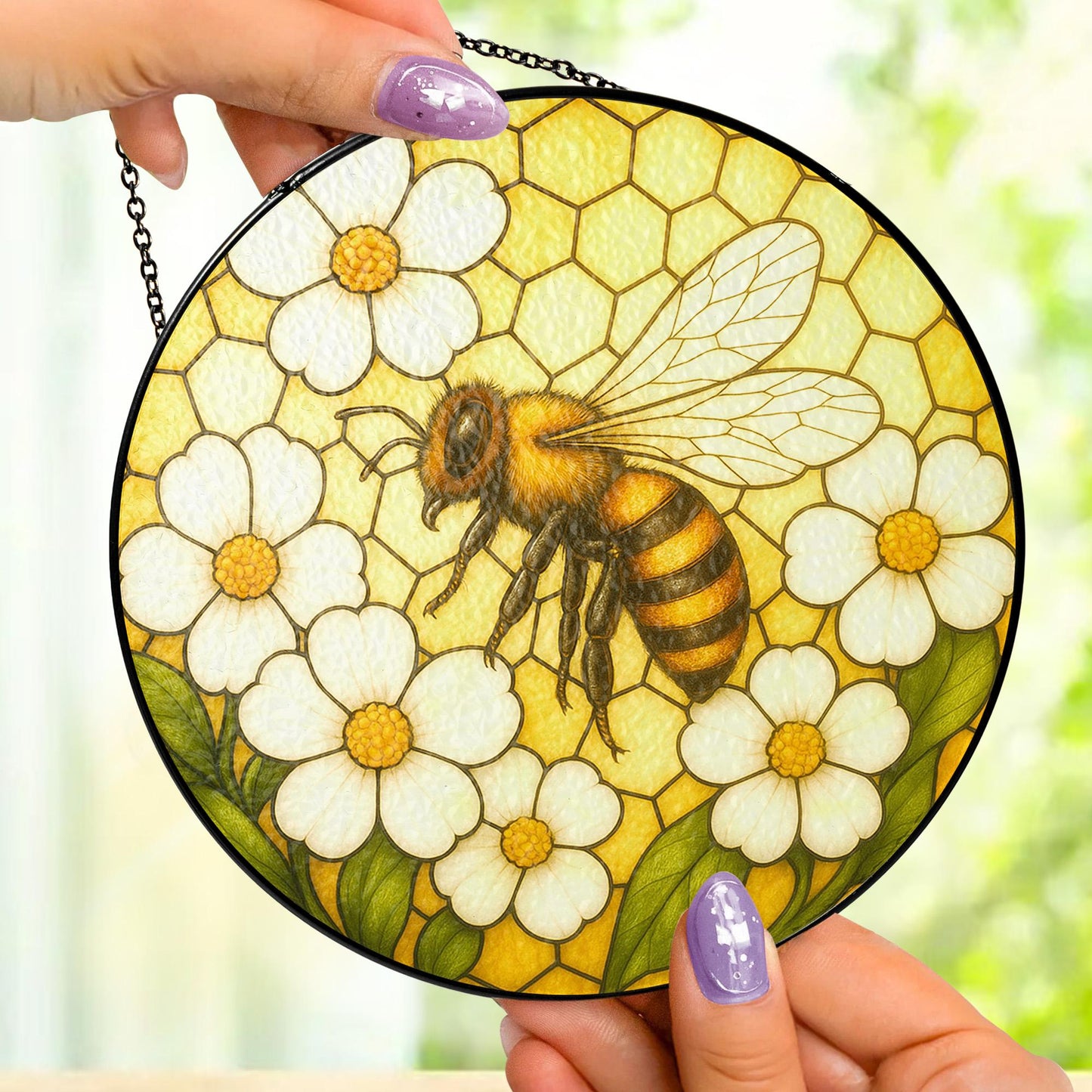 Bee and Flower Stained Glass - Window Hanging Suncatcher