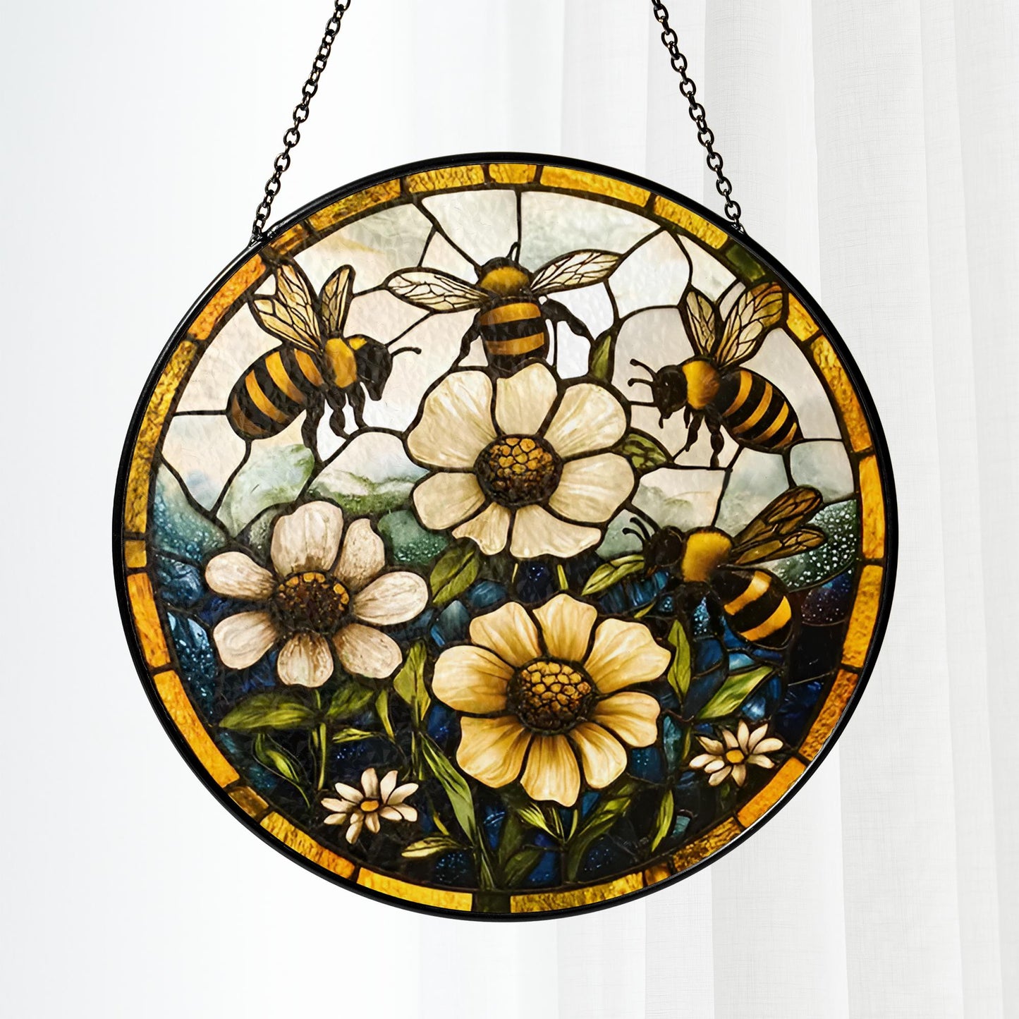 Bee And Flower Stained Glass - Window Hanging Suncatcher
