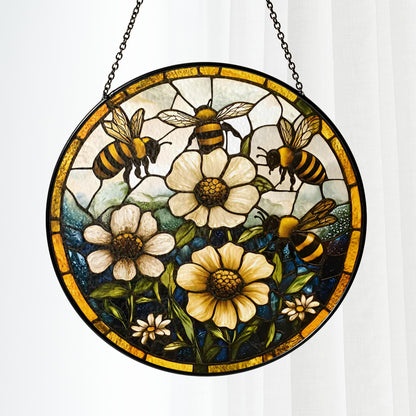 Bee And Flower Stained Glass - Window Hanging Suncatcher