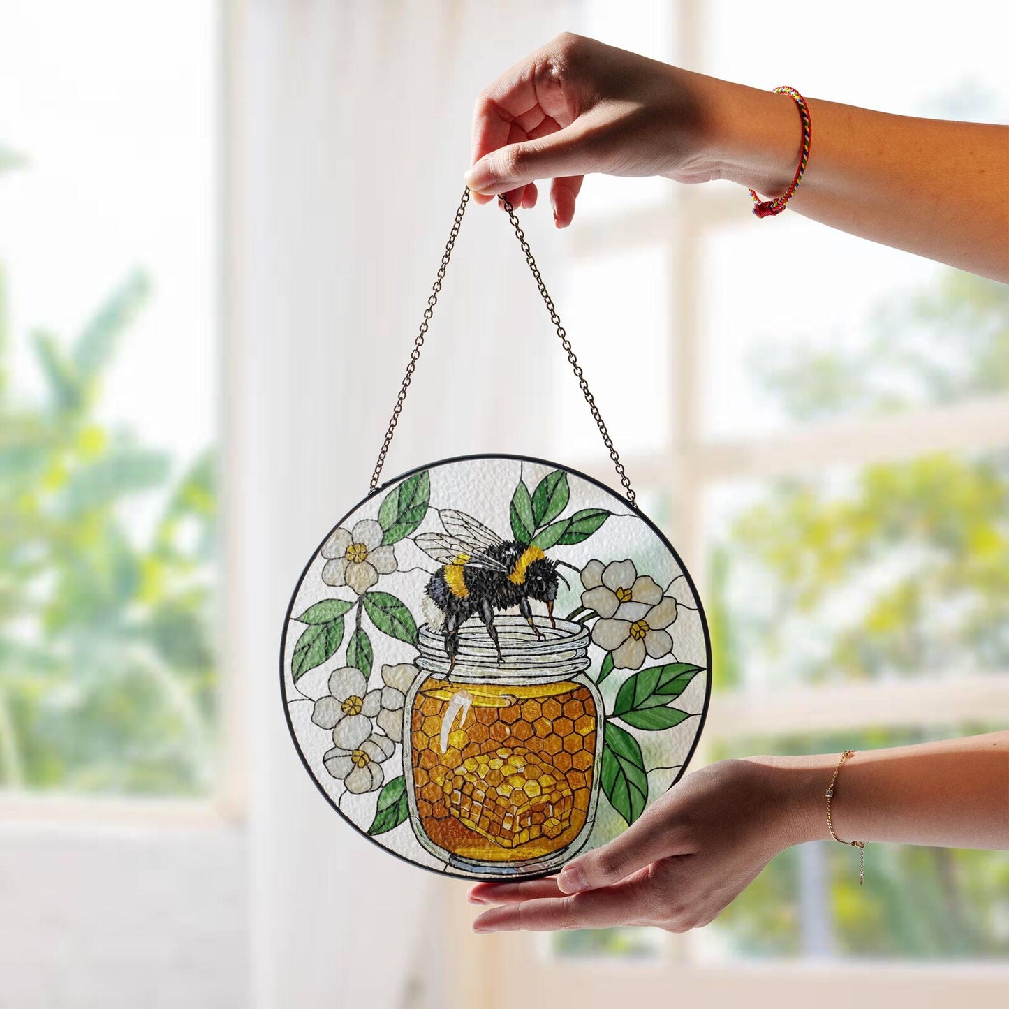 Bee and Honey Stainglass - Window Hanging Suncatcher