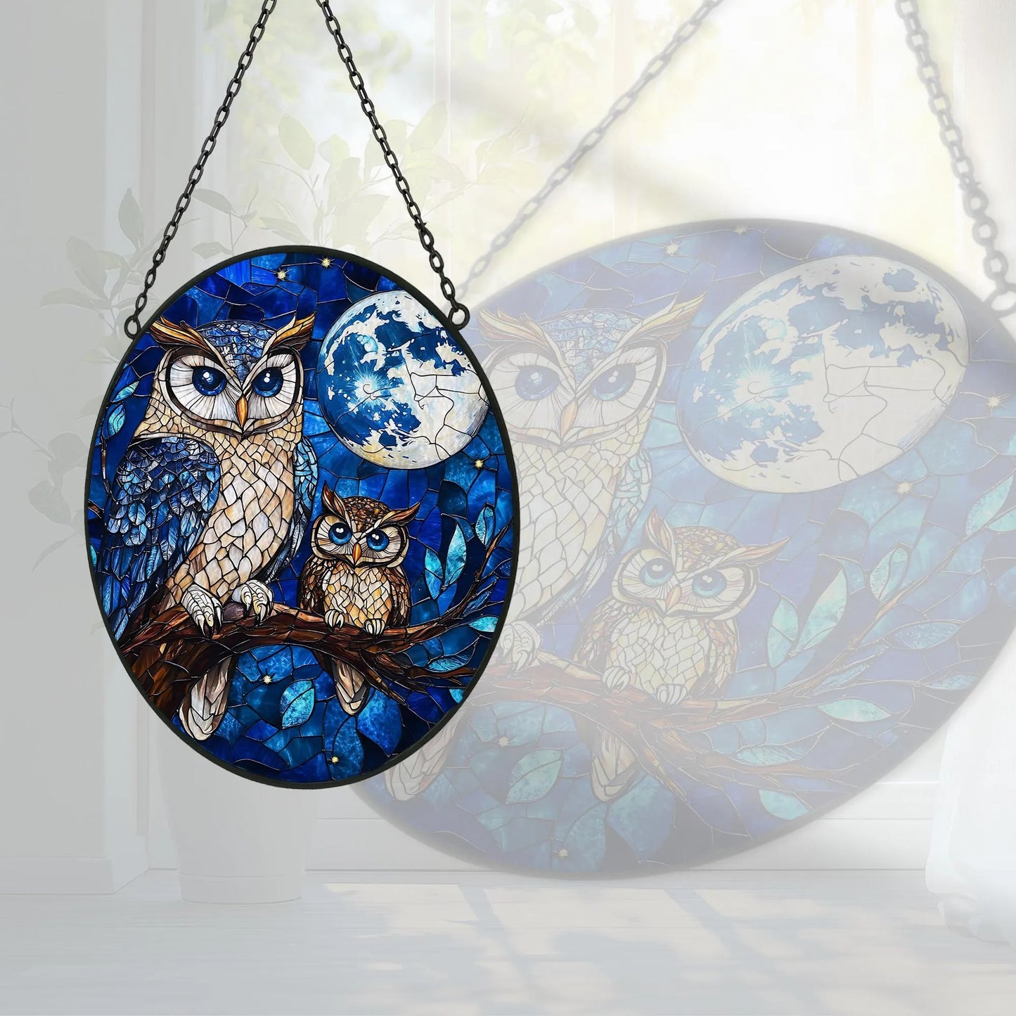 Owl Moon Stained Glass Suncatcher  - Owl Window Hanging Suncatcher Ornament