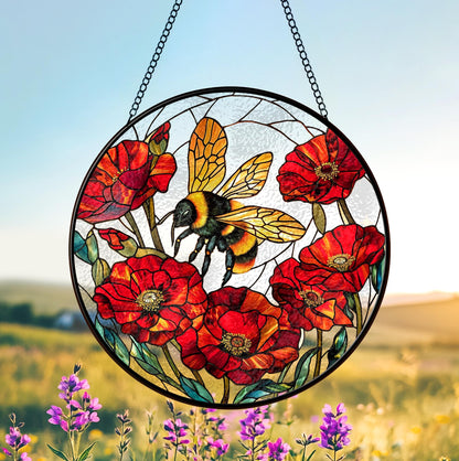 Bee And Flower Stained Glass - Window Hanging Suncatcher