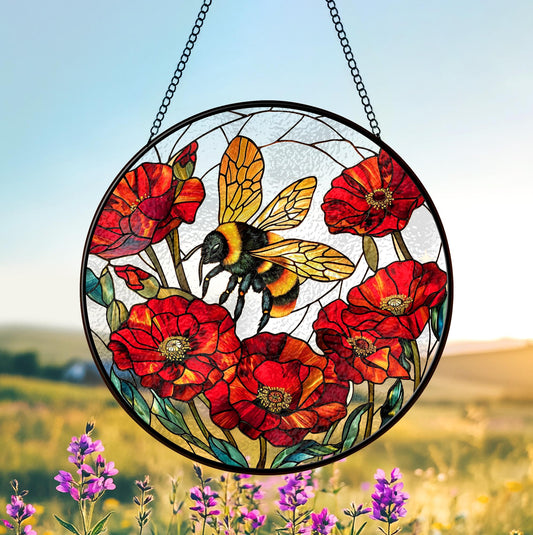 Bee And Flower Stained Glass - Window Hanging Suncatcher