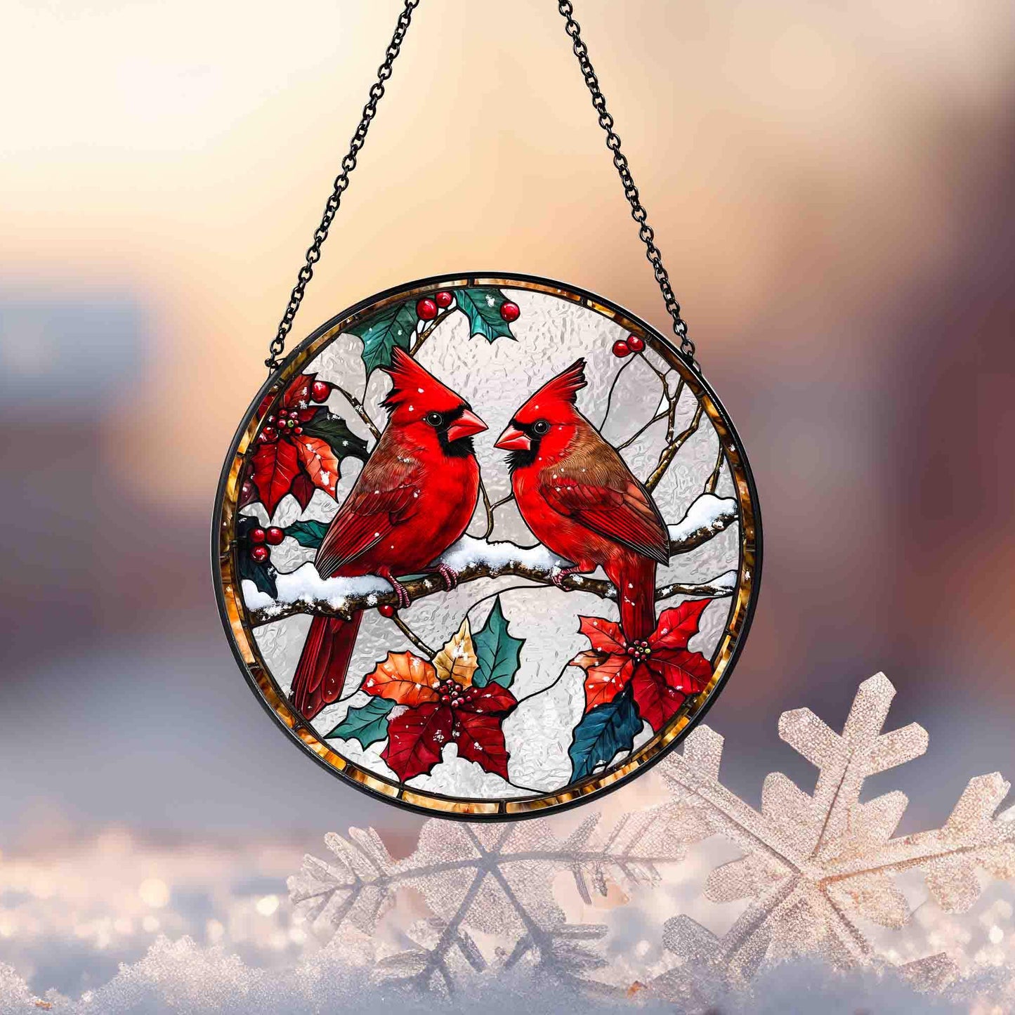 Couple Red Cardinal Stained Glass Suncatcher