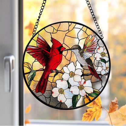 Cardinal & Hummingbird Stained Glass Suncatcher