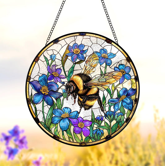 Bee And Flower Stained Glass - Window Hanging Suncatcher