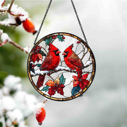 Couple Red Cardinal Stained Glass Suncatcher