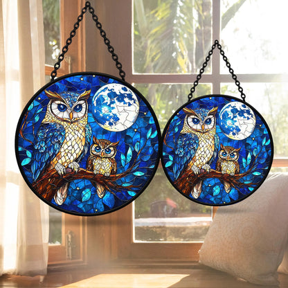 Owl Moon Stained Glass Suncatcher  - Owl Window Hanging Suncatcher Ornament