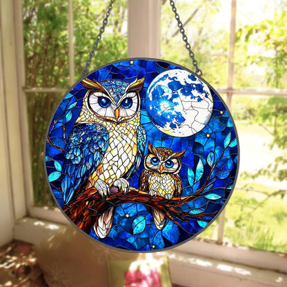 Owl Moon Stained Glass Suncatcher  - Owl Window Hanging Suncatcher Ornament