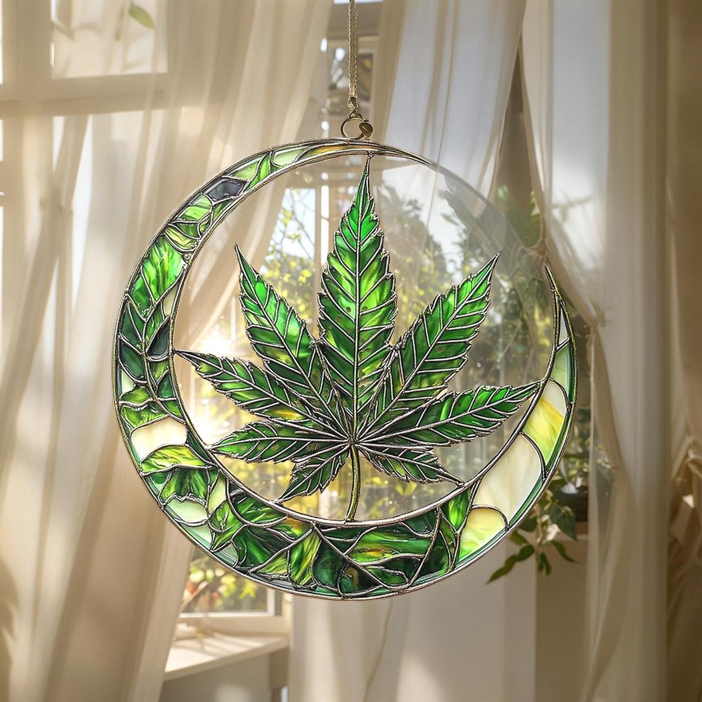 Moon and Leaf Stained Glass Suncatcher