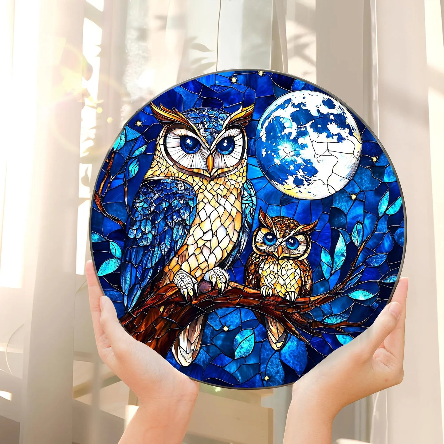 Owl Moon Stained Glass Suncatcher  - Owl Window Hanging Suncatcher Ornament