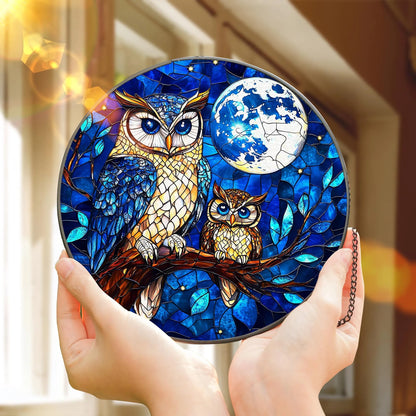 Owl Moon Stained Glass Suncatcher  - Owl Window Hanging Suncatcher Ornament