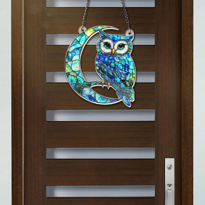Owl on Moon Hanging Acrylic Decor - Owl Window Hanging Suncatcher Ornament