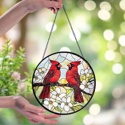 Couple Red Cardinal Stained Glass Suncatcher