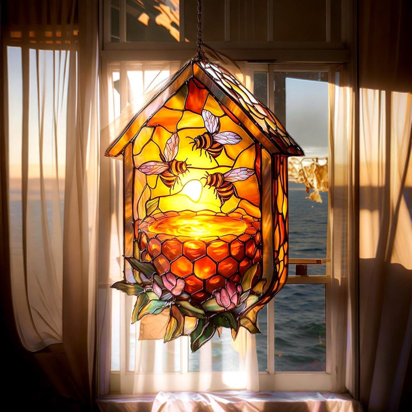 Bee Hive and Floral Acrylic Window Hanging
