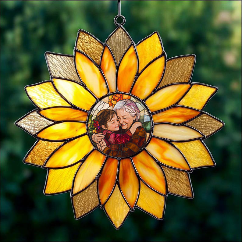 Sunlit Memories – Personalized Sunflower Photo Stain Glass Suncatcher