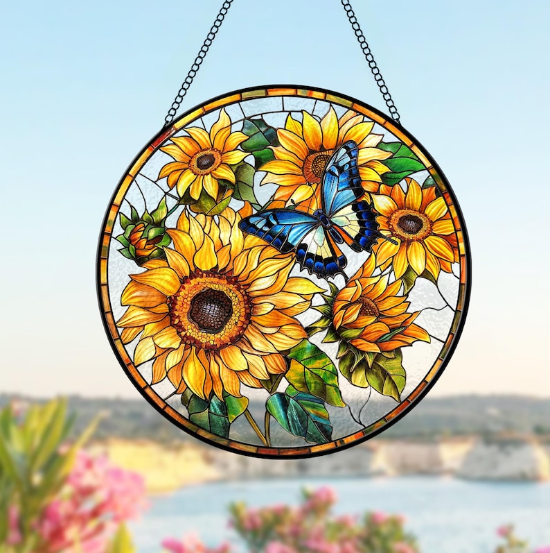 Sunflower And Butterfly Stained Glass Suncatcher