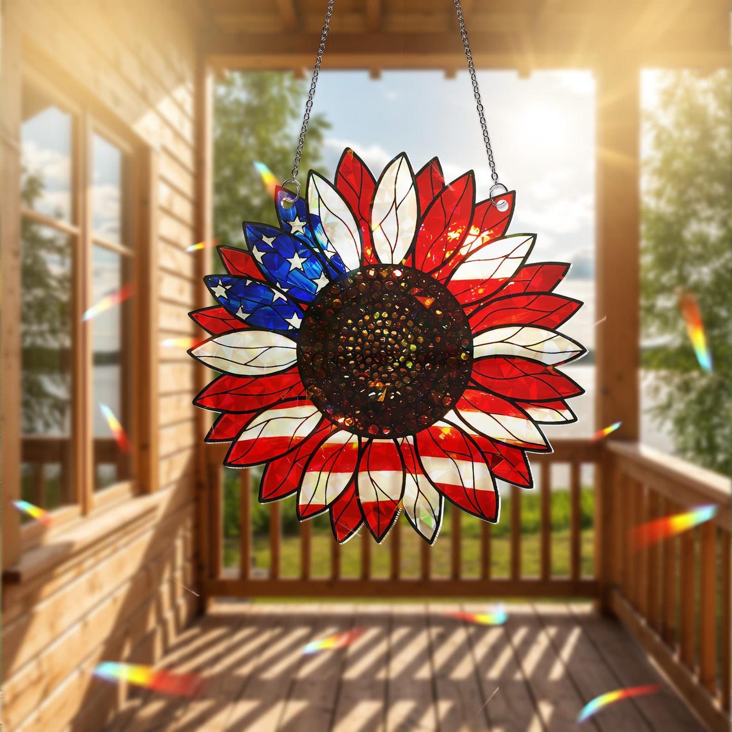 American Flag Sunflower Suncatcher - Personalized Shape Stained Glass Suncatcher