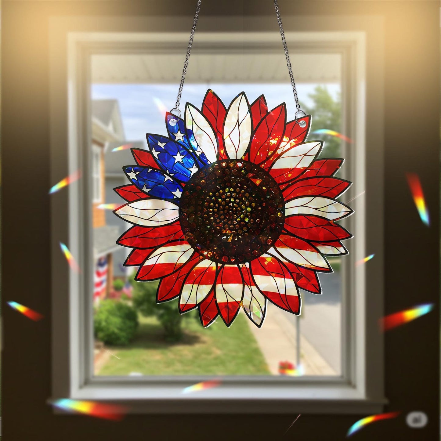 American Flag Sunflower Suncatcher - Personalized Shape Stained Glass Suncatcher
