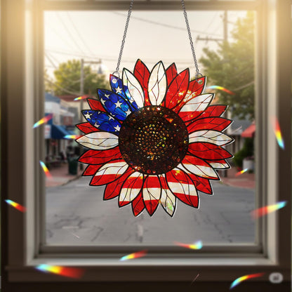 American Flag Sunflower Suncatcher - Personalized Shape Stained Glass Suncatcher