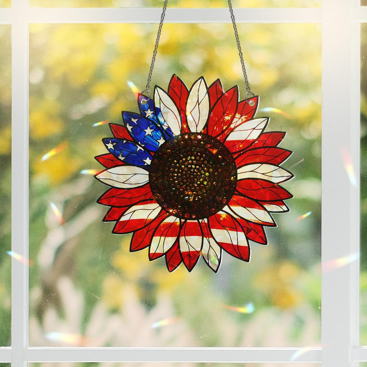 American Flag Sunflower Suncatcher - Personalized Shape Stained Glass Suncatcher