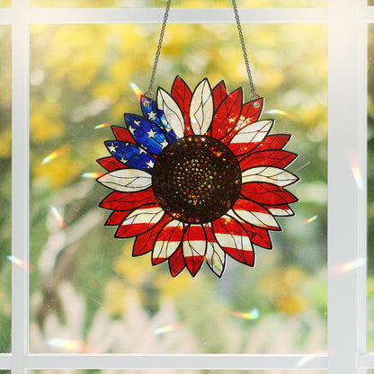 American Flag Sunflower Suncatcher - Personalized Shape Stained Glass Suncatcher