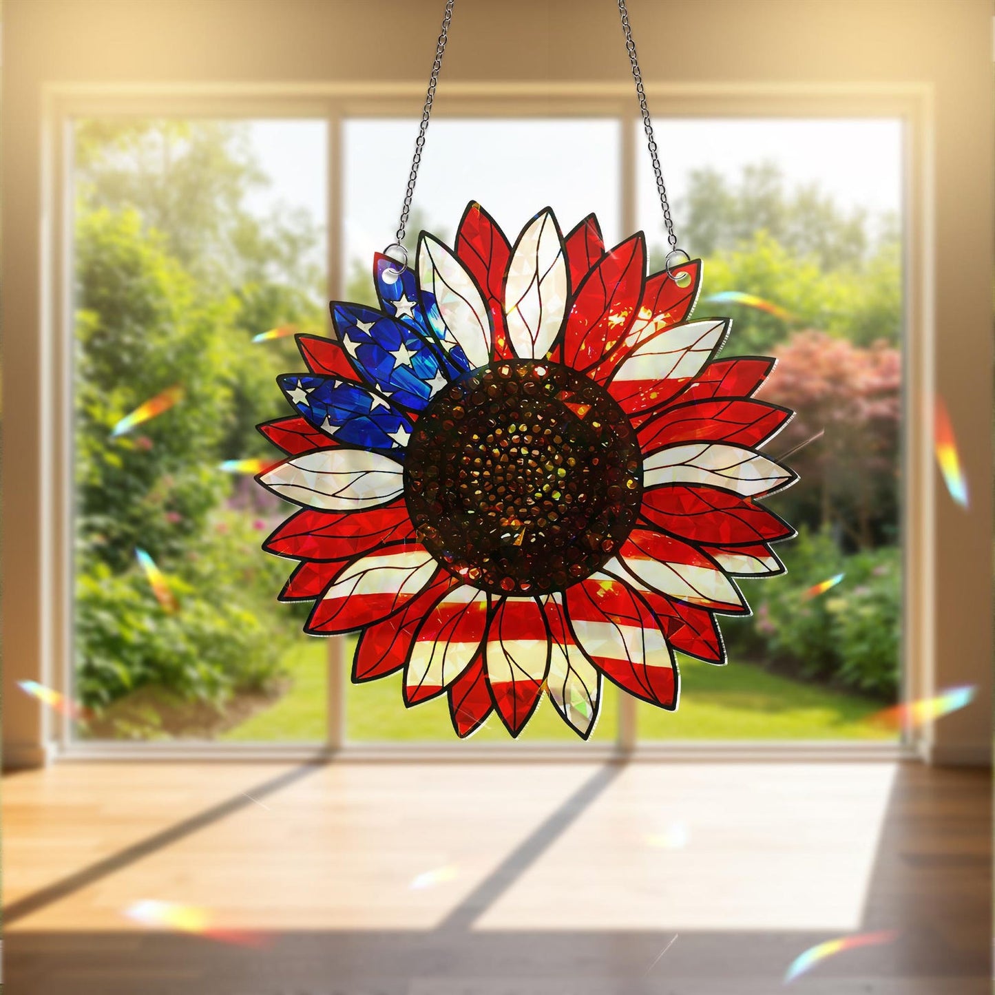 American Flag Sunflower Suncatcher - Personalized Shape Stained Glass Suncatcher
