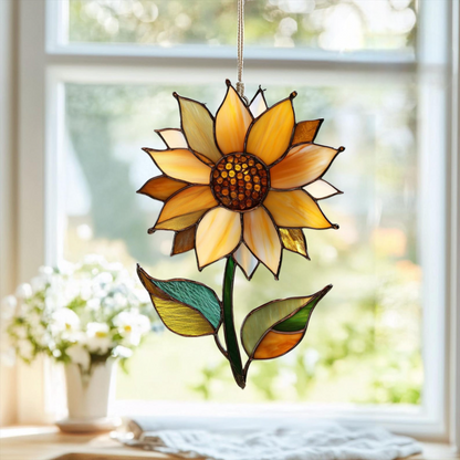 Sunflower Plant Suncatcher - Personalized Shape Stained Glass Suncatcher