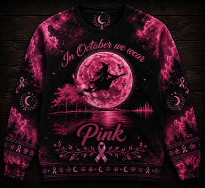 In October We Wear Pink Ribbon Witch Breast Cancer Halloween Shirt