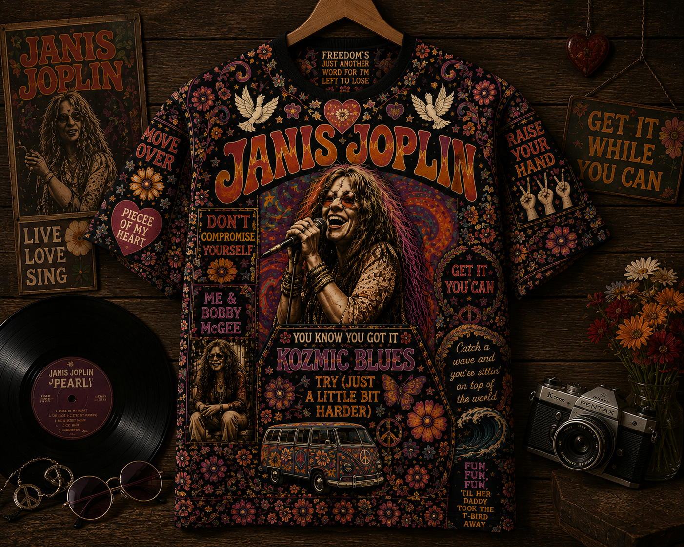 Janis Joplin Hippie Peace All Over Print - 60s 70s Music Lover Shirt
