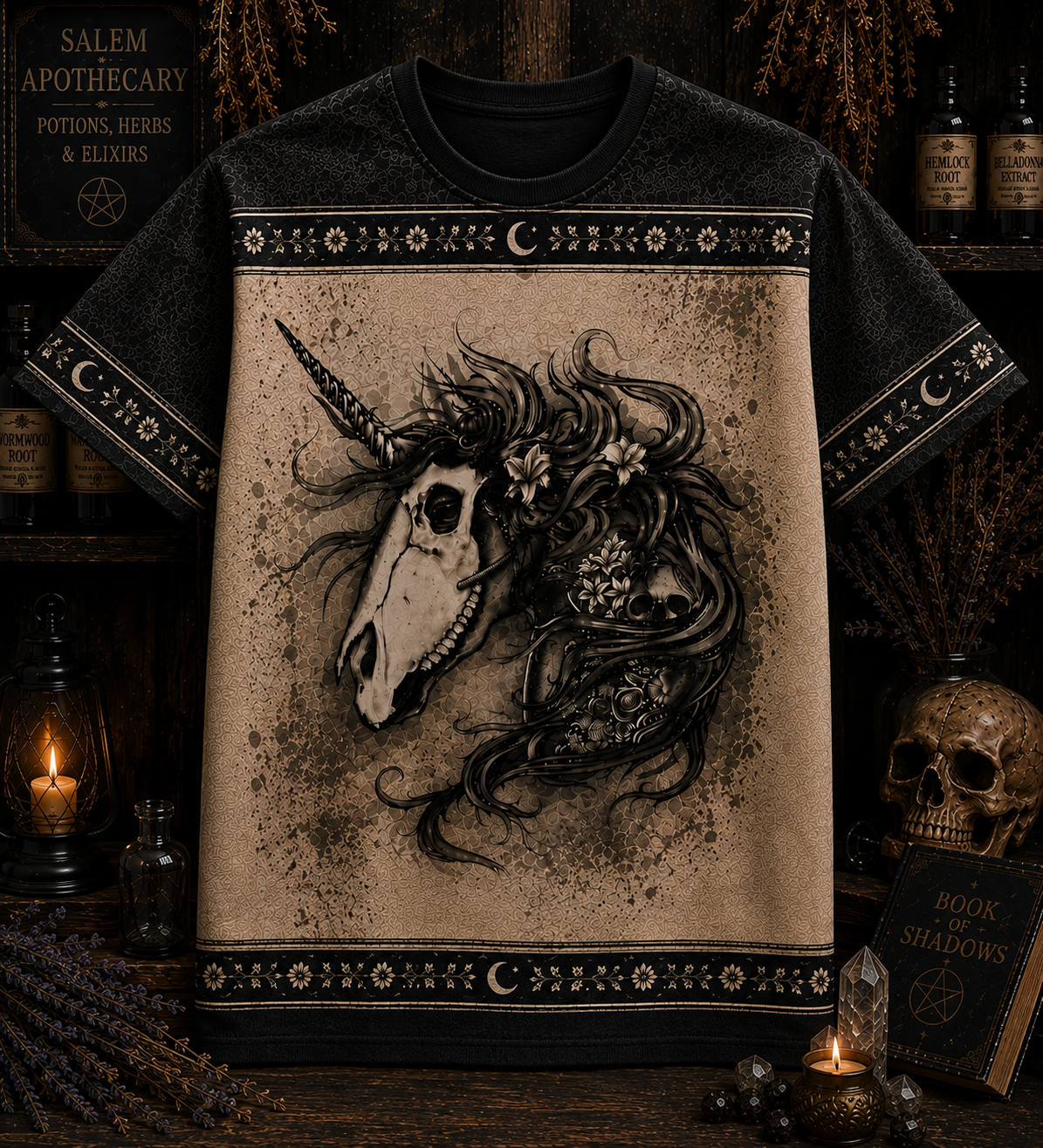 Witchy Unicorn Skull All Over Print Shirt - Gothic Unicorn Halloween Shirt, Witch Lover Gift