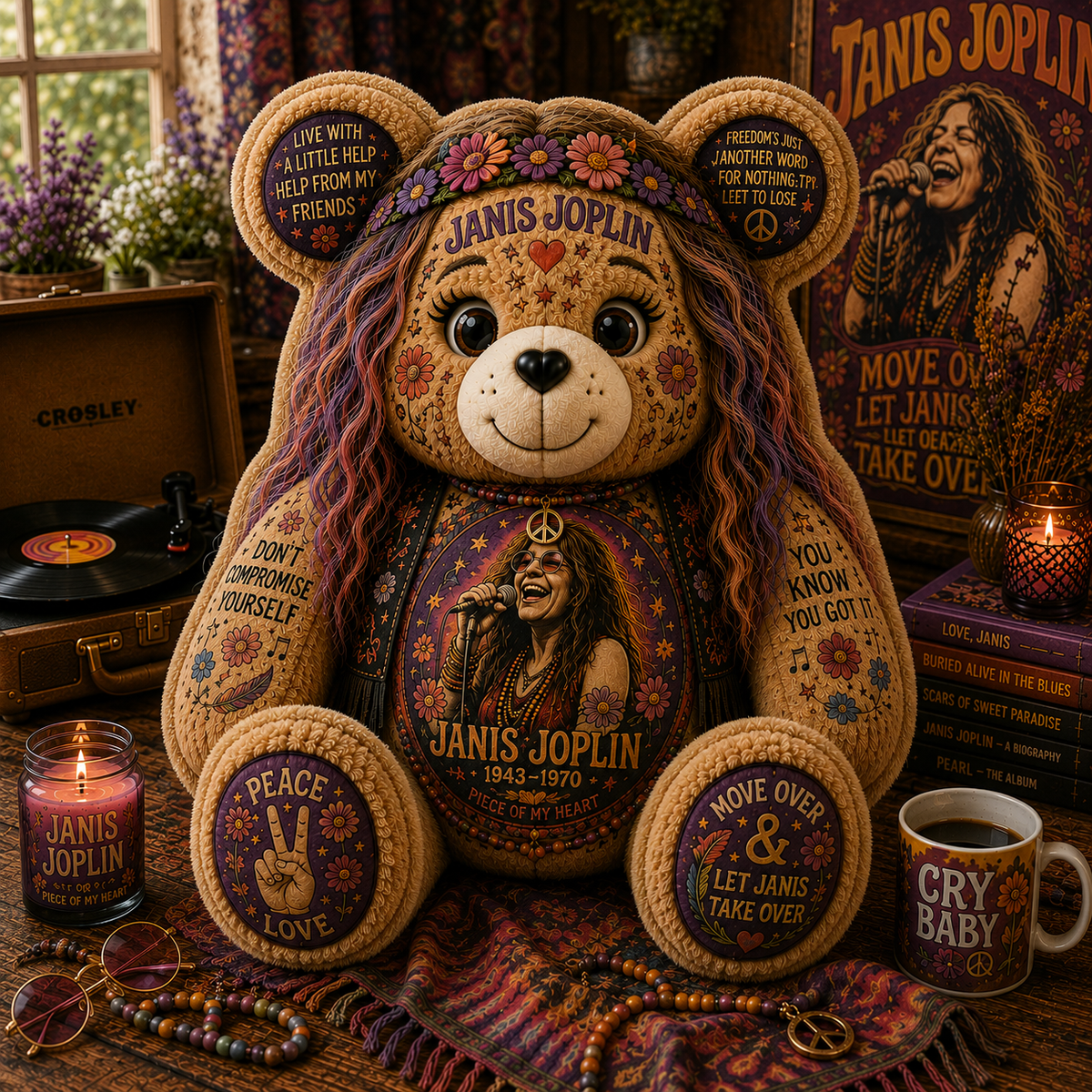 Janis Joplin Bear Custom Shaped Pillow – Gift for Classic Music Lover