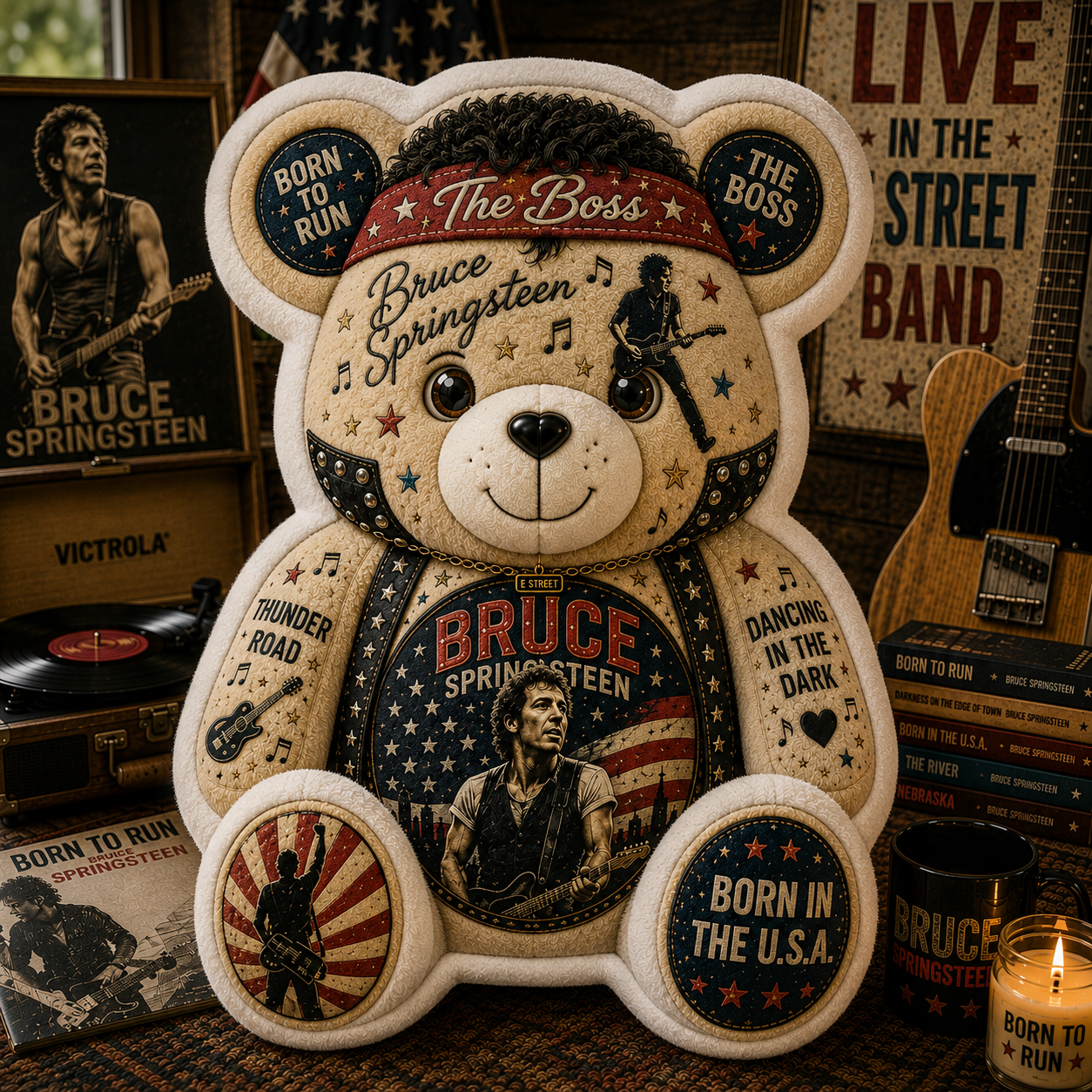 Bruce Springsteen Bear Custom Shaped Pillow – The Boss, Born to Run Rock Music Fan Gift
