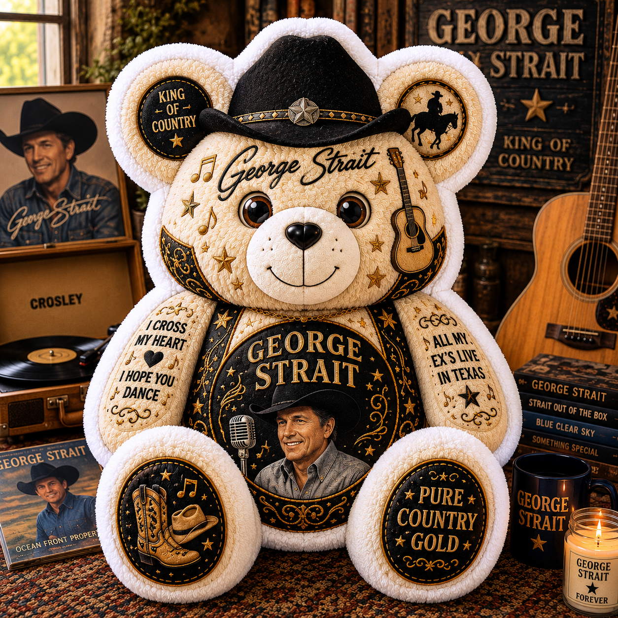 George Strait Bear Custom Shaped Pillow – King of Country, Pure Country Music Fan Gift