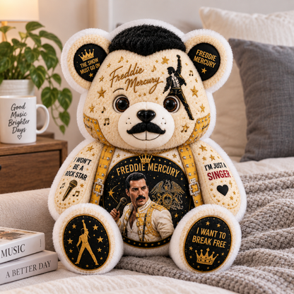 Freddie Mercury Bear Custom Shaped Pillow – Rock Music Legend Gift