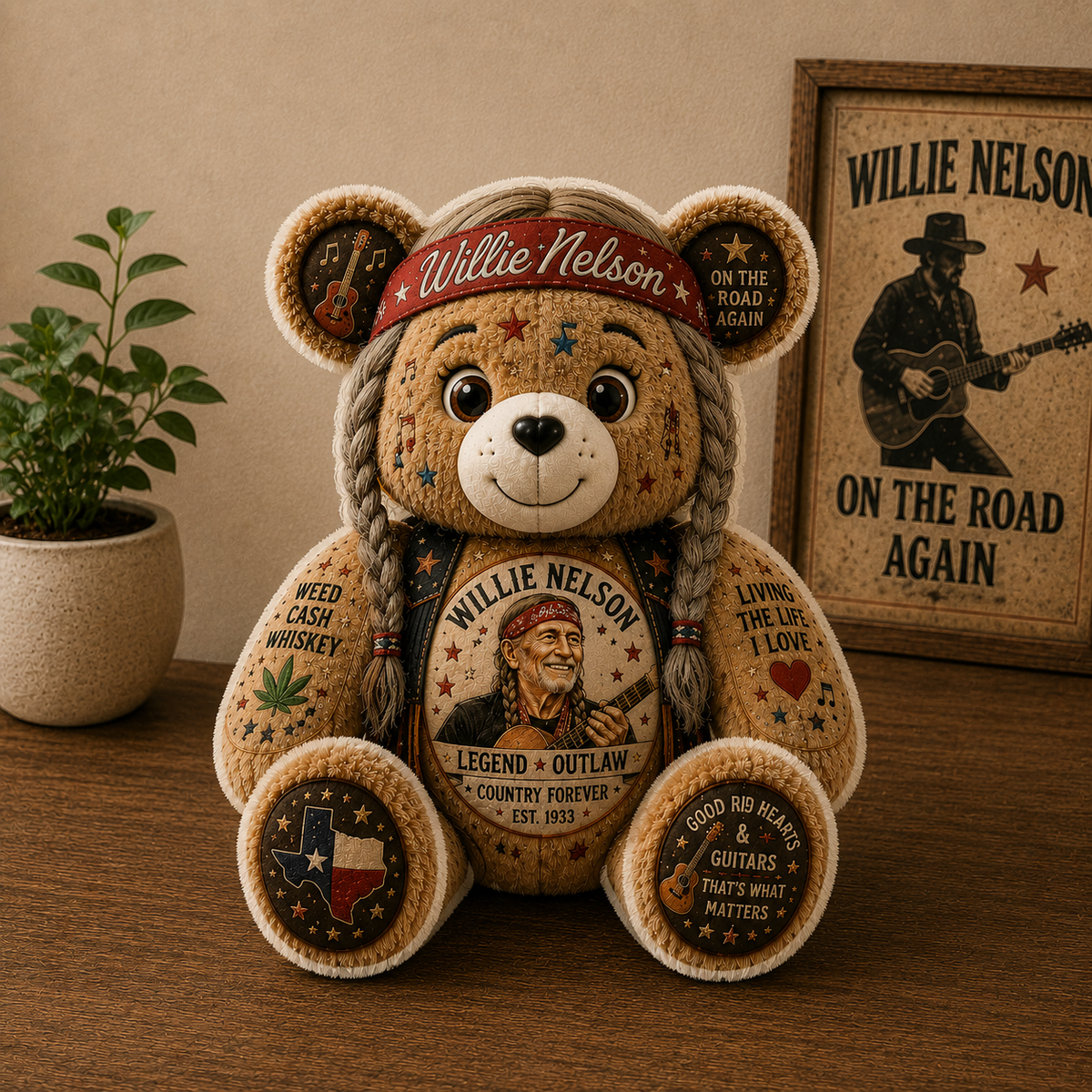 Willie Nelson Bear Custom Shaped Pillow – Gift for Fans & Country Music Lovers