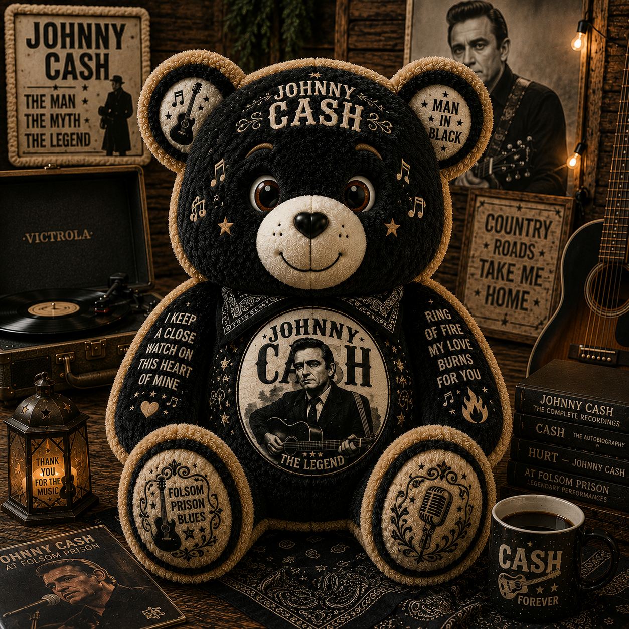 Johnny Cash Man in Black Bear Custom Shaped Pillow – Country Music Legend Gift
