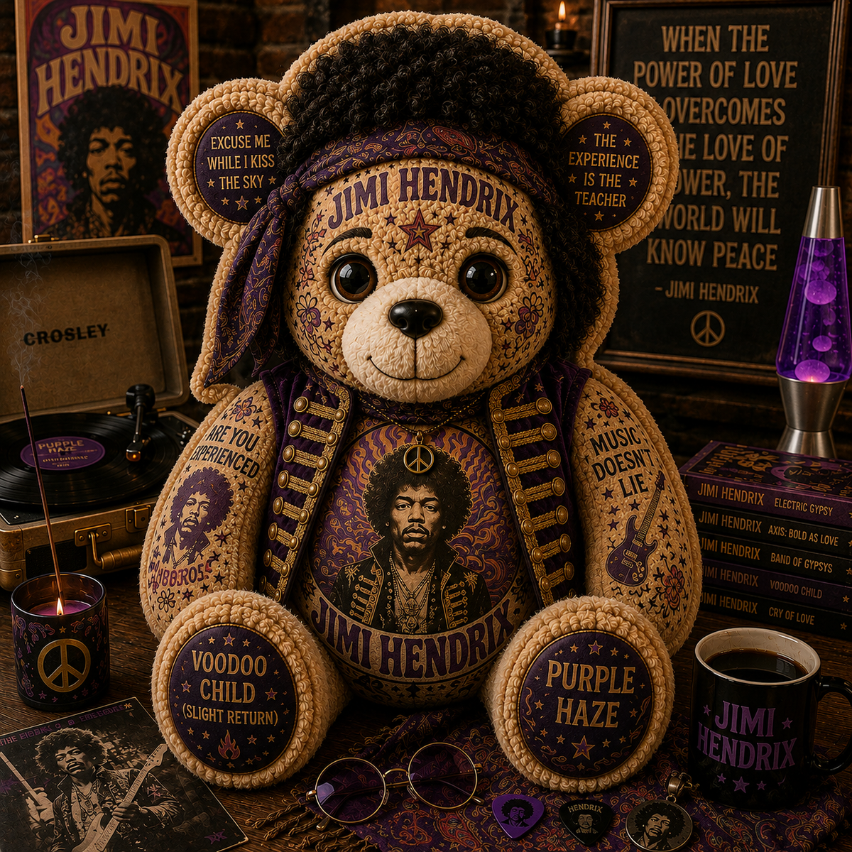 Jimi Hendrix Purple Haze Bear Custom Shaped Pillow – Psychedelic Rock Legend Music Lover Gift